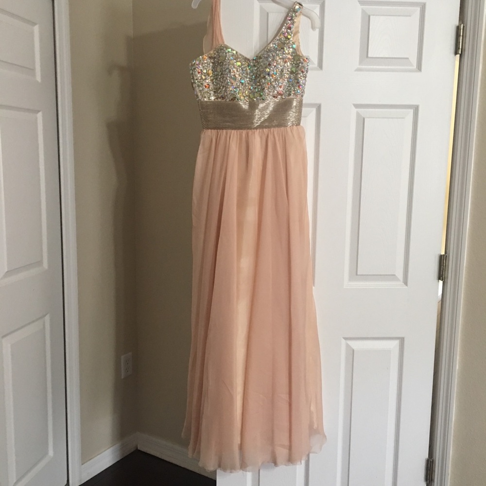 Chiffon rhinestone pink / beige prom dress